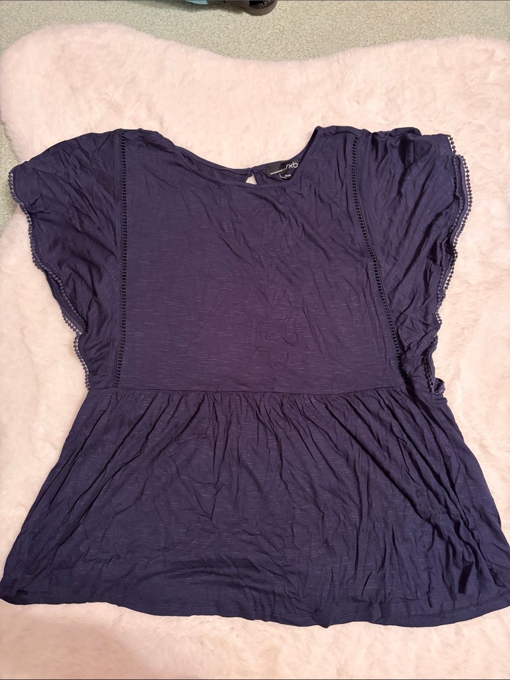 RXB Navy Flutter Sleeve Peplum Tee with Lace Trim